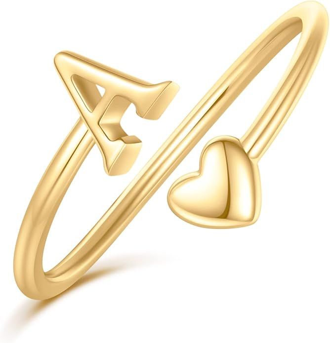 Initial Heart Rings for Women Girls - 14K Yellow/White/Rose Gold Plated Adjustable Rings for Wome... | Amazon (US)