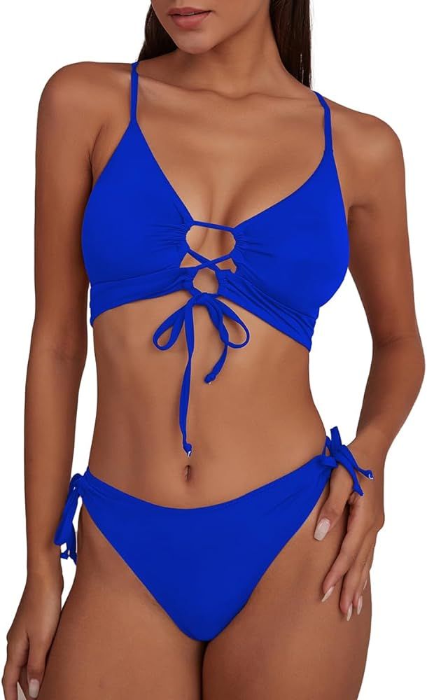 CHYRII Womens Sexy Cutout Bikini Sets Lace Up High Cut Thong Two Piece Swimsuit | Amazon (US)