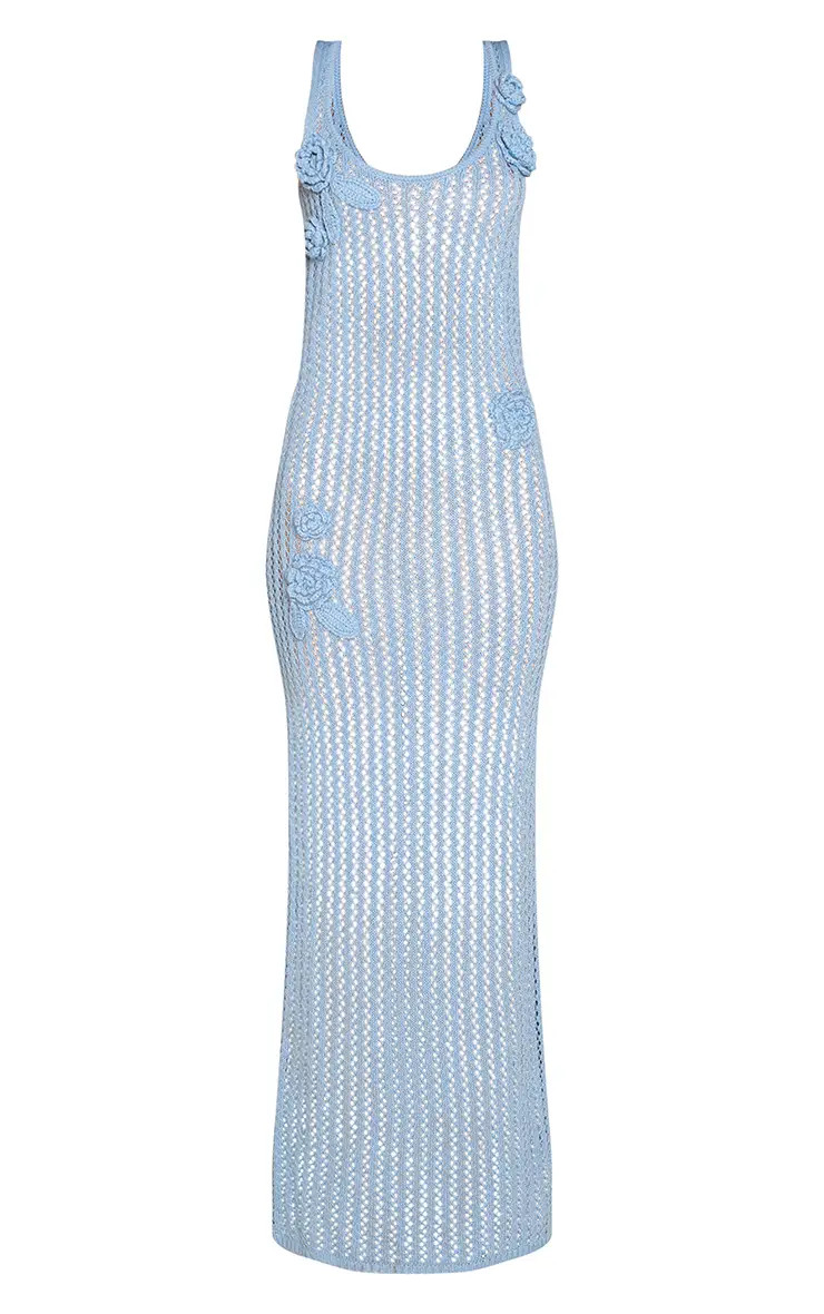Blue Flower Applique Plunge Knitted Maxi Dress | PrettyLittleThing UK