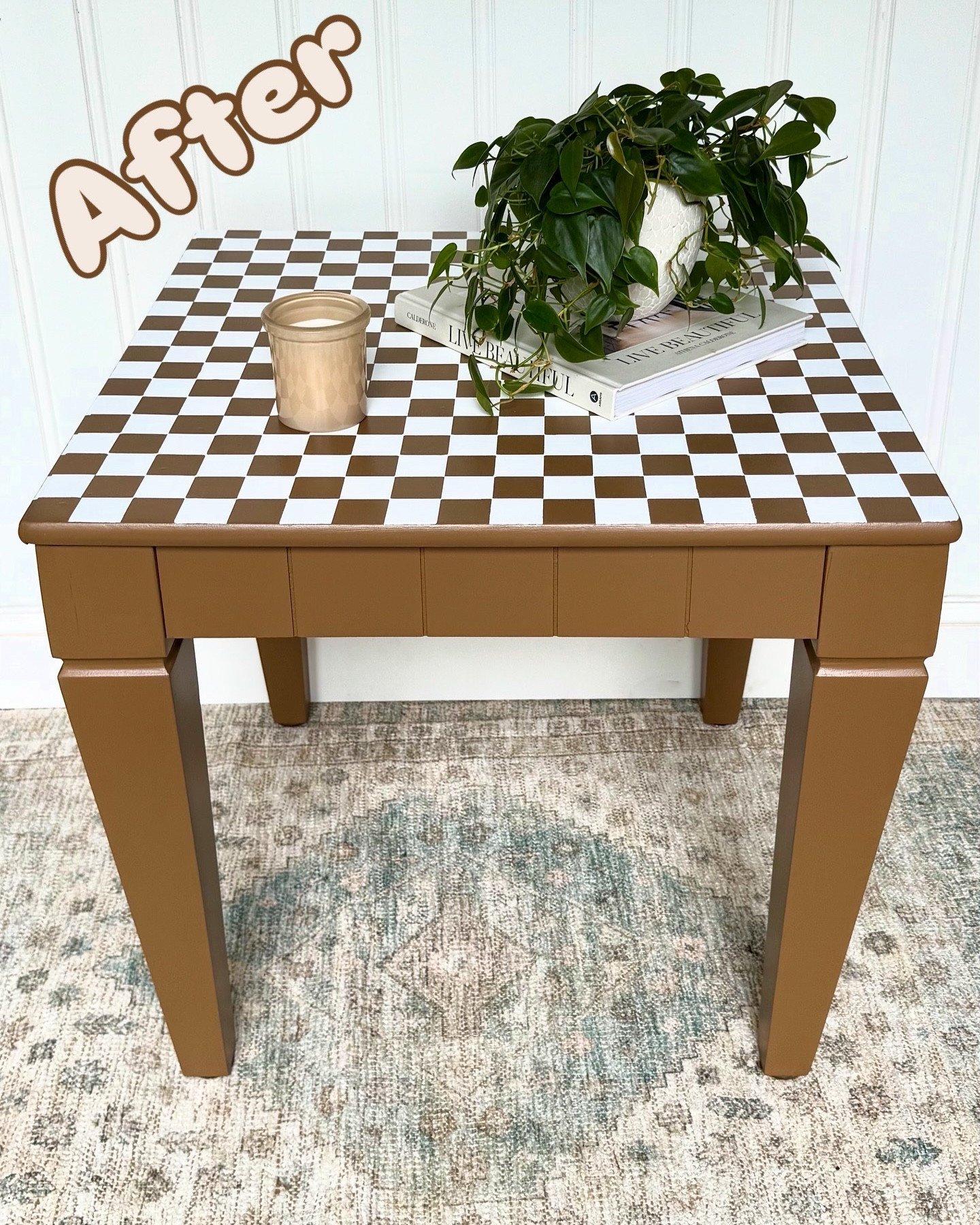 Before and after of this boring wood table! First time doing a checkered pattern!