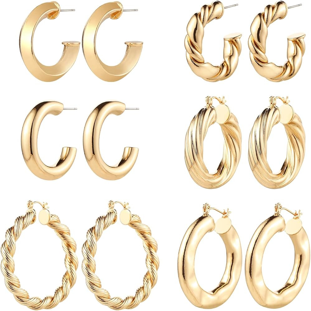 6 Pairs Gold Chunky Hoop Earrings for Women,14K Gold Plated Twisted Huggie Hoop Earring Set Hypoa... | Amazon (US)