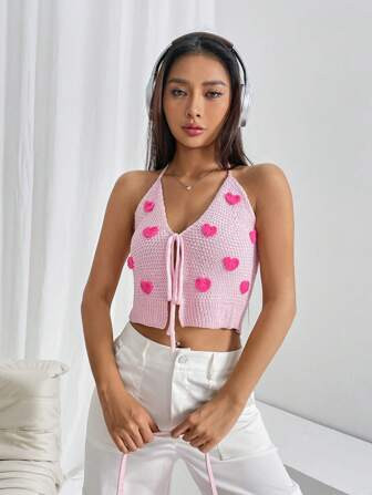 SHEIN Qutie Heart Pattern Tie Front Halter Knit Top | SHEIN
