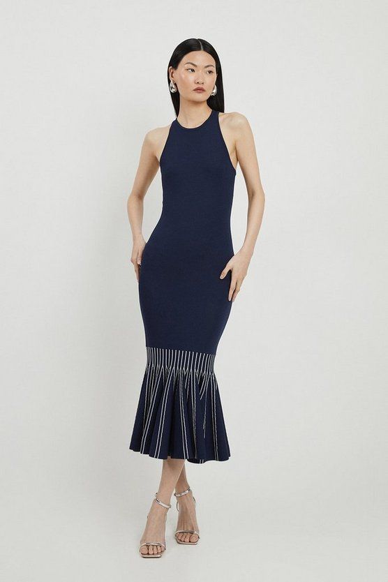 Viscose Blend Knit Racer Dress With Peplum Hem | Karen Millen UK + IE + DE + NL