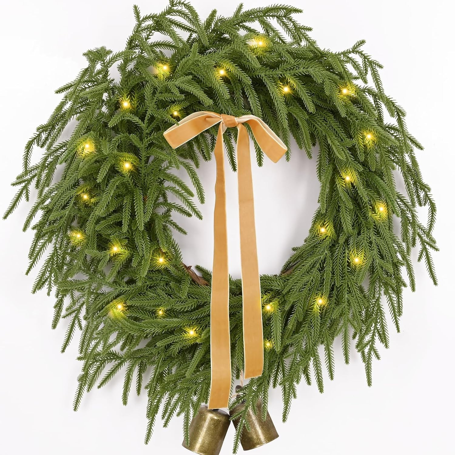 Christmas Wreath -24 Inch Real Touch Norfolk Pine Wreath for Front Door, Christmas Wreath with Li... | Amazon (US)