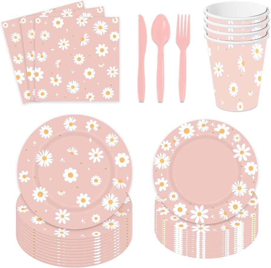 186PCS Daisy Birthday Party Tableware Set - Include Paper Plates Napkins Cups Forks Spoons,Knives... | Amazon (US)