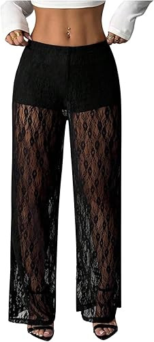 MakeMeChic Women's Y2K Lace Pants Wide Leg Sheer Mesh Low Rise Trousers Pants | Amazon (US)
