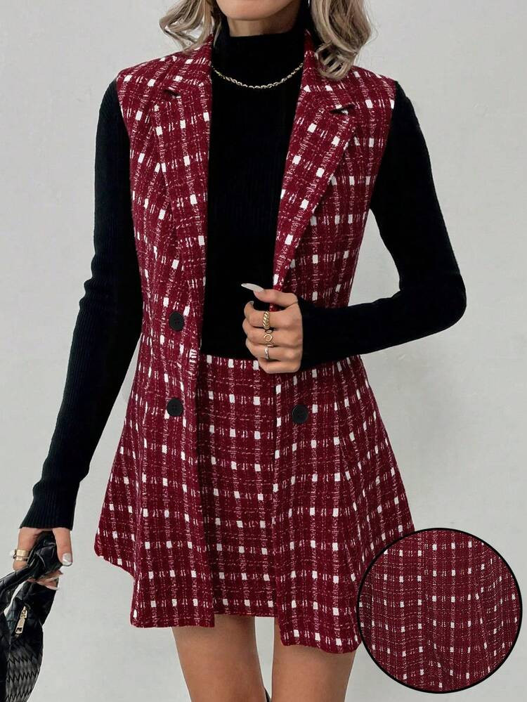 Elyressa Fashionable Commuter Plaid Vest & Skirt Set | SHEIN