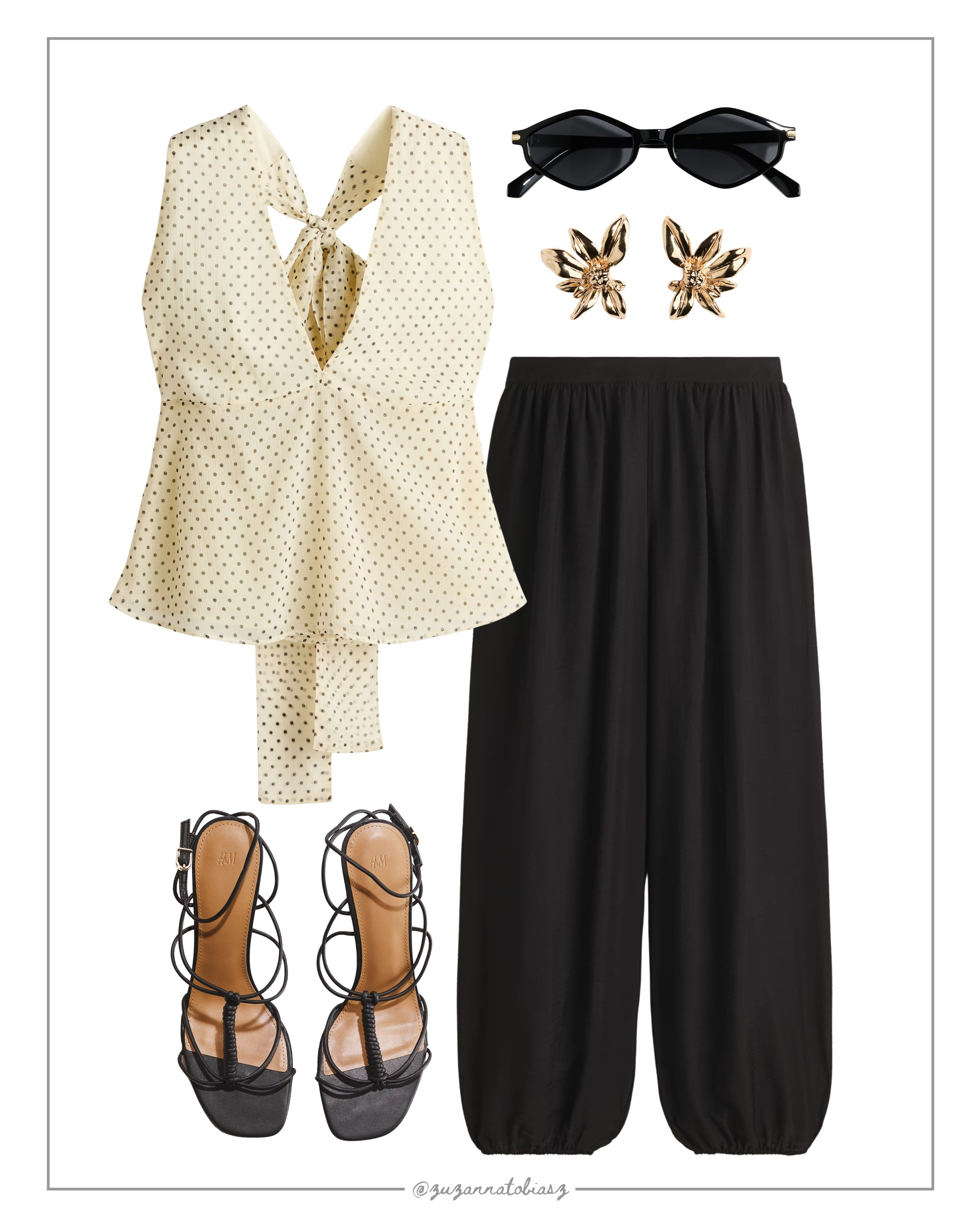 the perfect euro summer outfit inspo 🤍☀️
Shop this polka dot halter top, balloon trousers and strappy heels look, all linked below. 

[ euro summer outfit, summer outfit inspo, polka dot top outfit, black balloon trousers, strappy heels outfit, chic summer look, european summer aesthetic, gold earrings outfit, summer 2025 fashion ]

#LTKsummer #LTKspring #LTKdatenight
