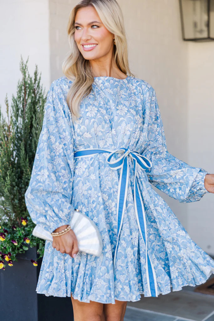 Stay Close Blue Floral Toile Tied Waist Dress | The Mint Julep Boutique