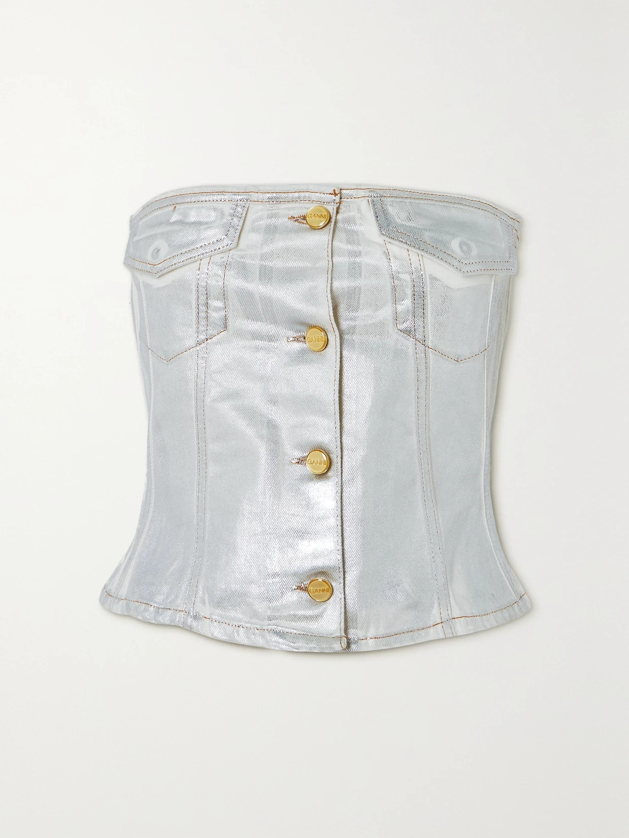 GANNI - + Net Sustain Strapless Metallic Organic Denim Bustier Top - White | NET-A-PORTER (UK & EU)