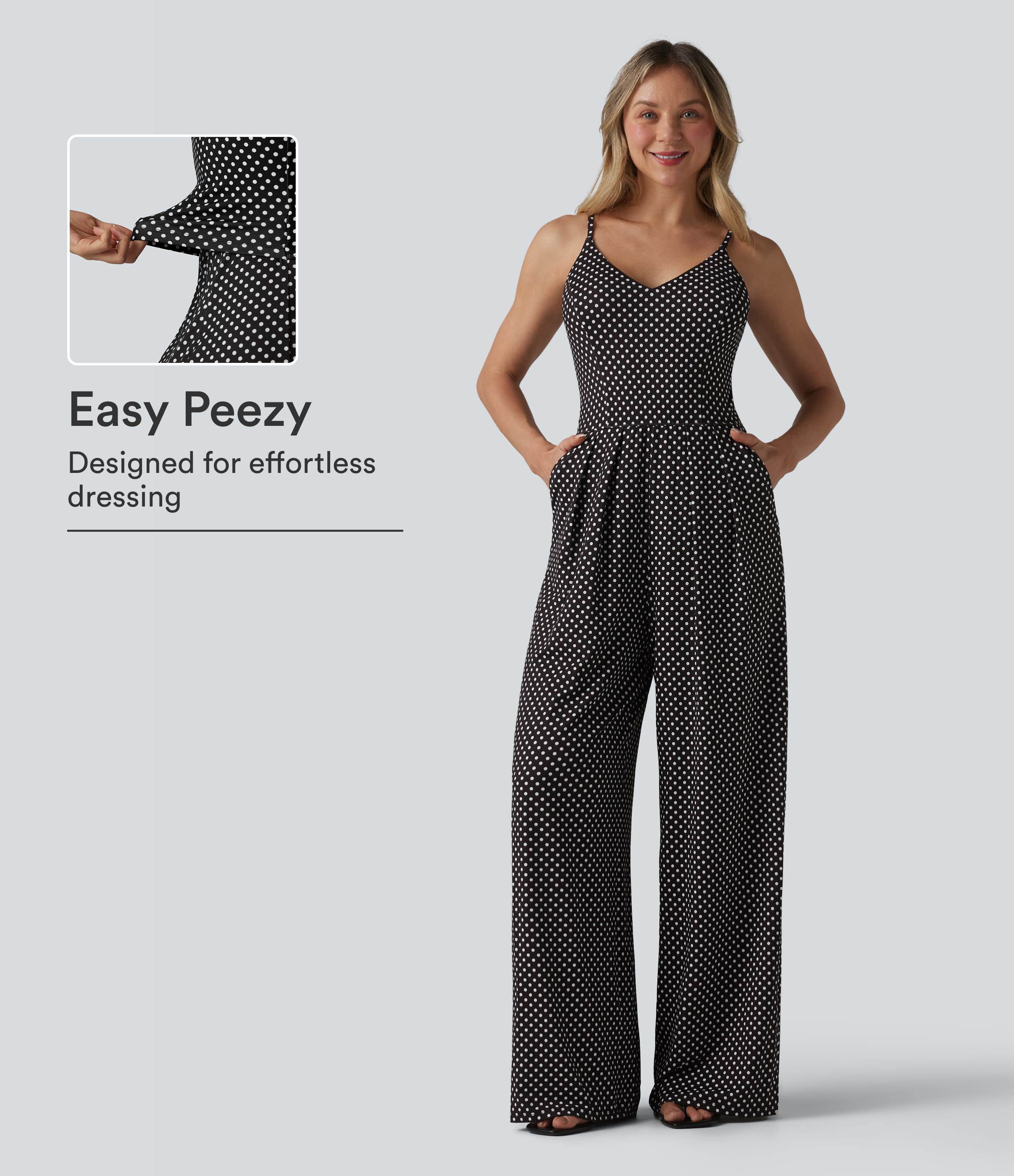 Halara V Neck Polka Dot Slip Jumpsuit with Pockets-Easy Peezy Edition  - Midnight Dots - XS(regular) | HALARA