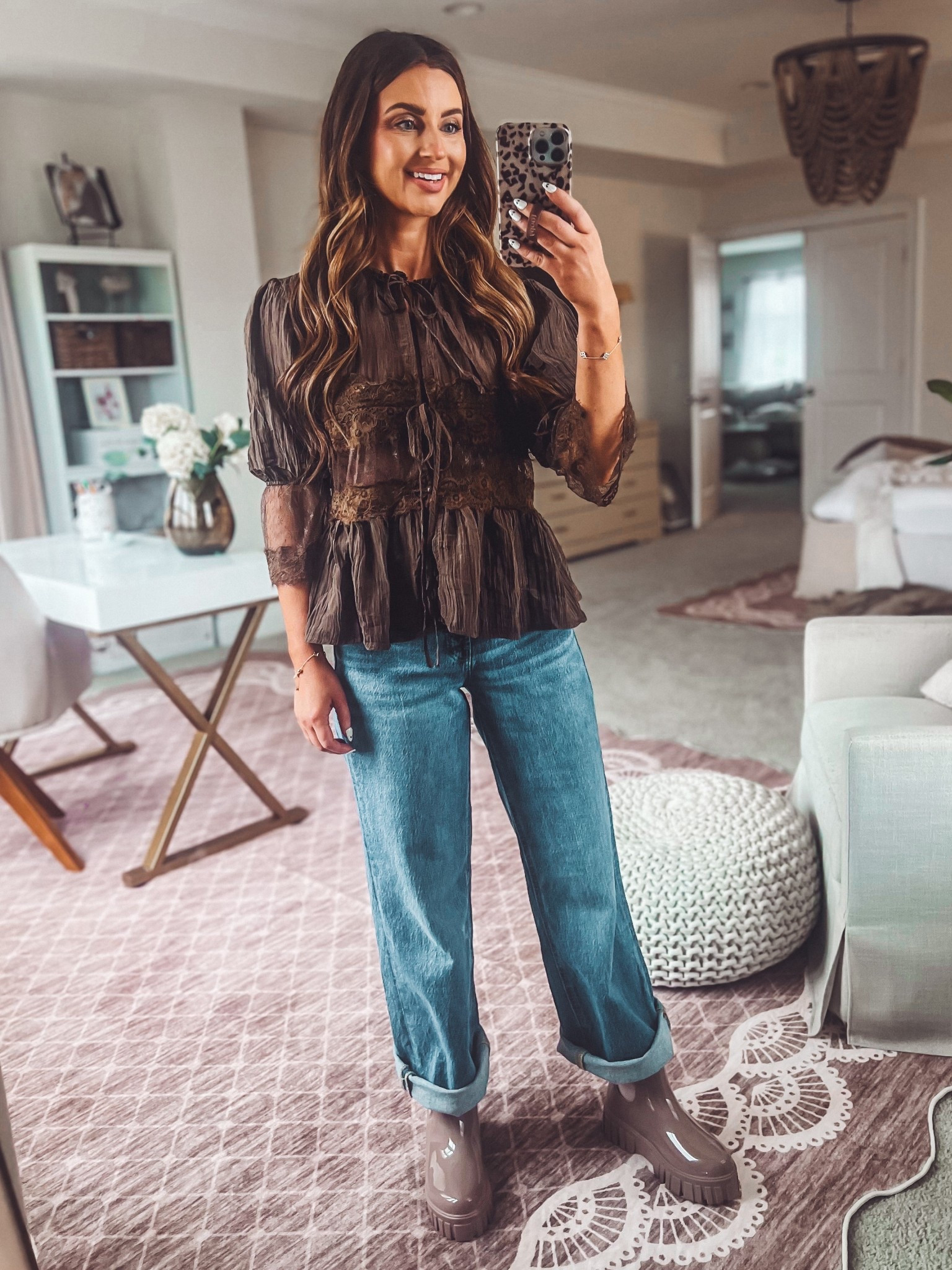 Brown lace peplum blouse shirt-small
Taupe rain boots
High waisted wide leg jeans