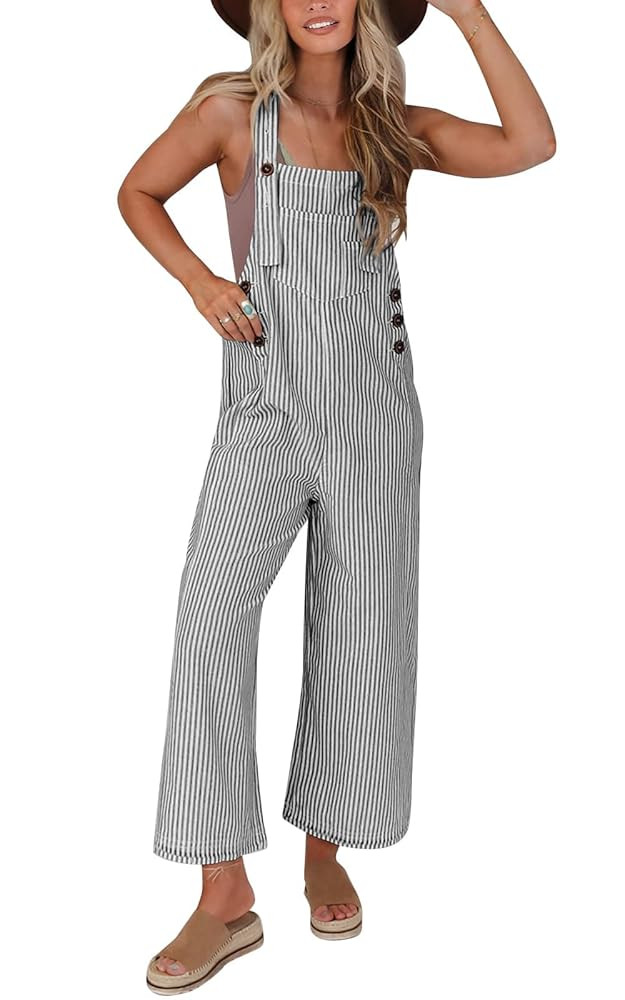 PRETTYGARDEN Overall Jumpsuit For Women 2025 Summer Casual Wide Leg Sleeveless Button Striped Jum... | Amazon (US)