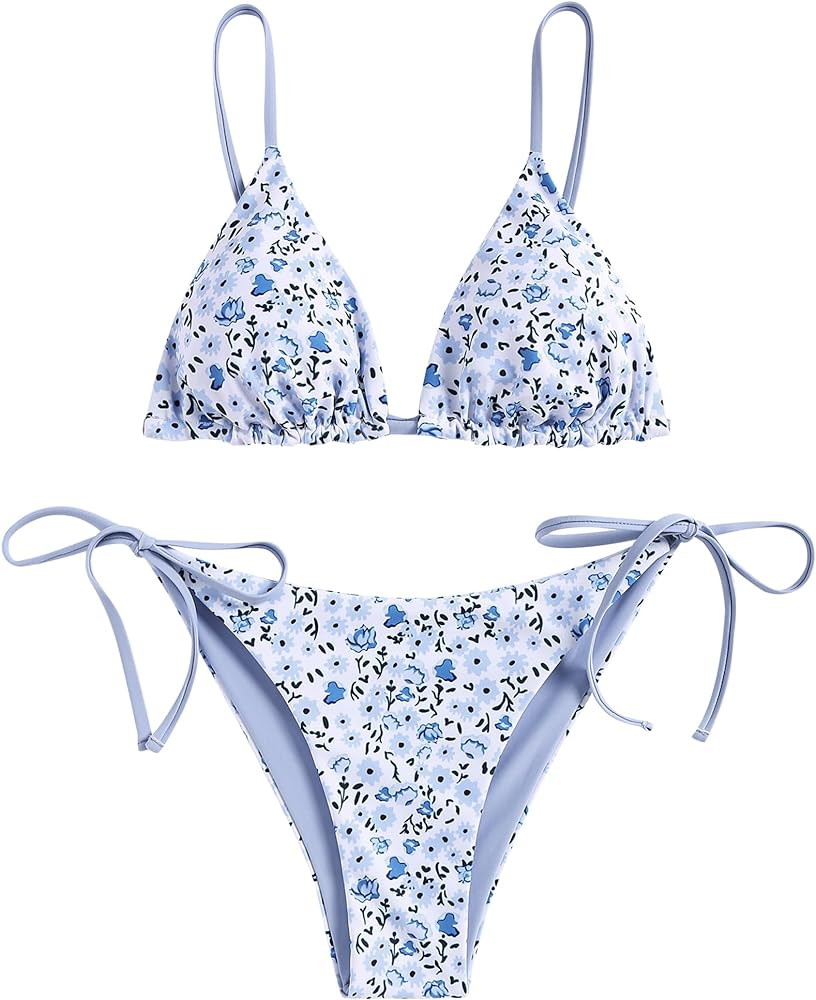 ZAFUL Women's Triangle Bikini Floral String Bikini Set Two Piece Swimsuit Bathing Suits | Amazon (US)