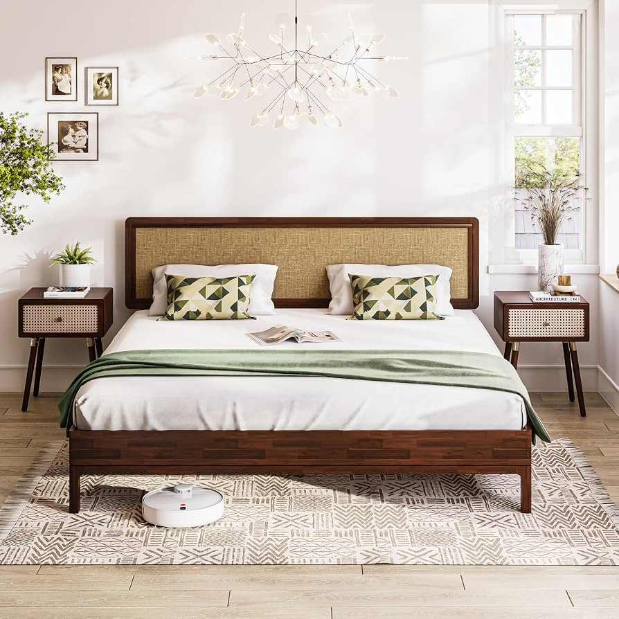 Bme Nipe King 14 Inch Bohemian Bed Frame with Adjustable Wicker Headboard - Rustic & Vintage Styl... | Amazon (US)