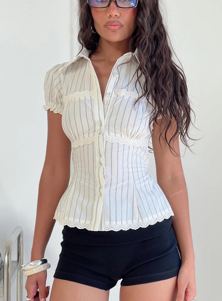 Deserve You Puff Sleeve Button Front Top Cream Stripe | Princess Polly AU