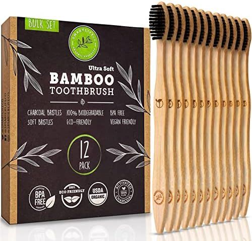 Charcoal Bamboo Toothbrushes (12 Pack) - Extra Soft Natural Bristles for Adults & Kids Teeth | Ze... | Amazon (US)