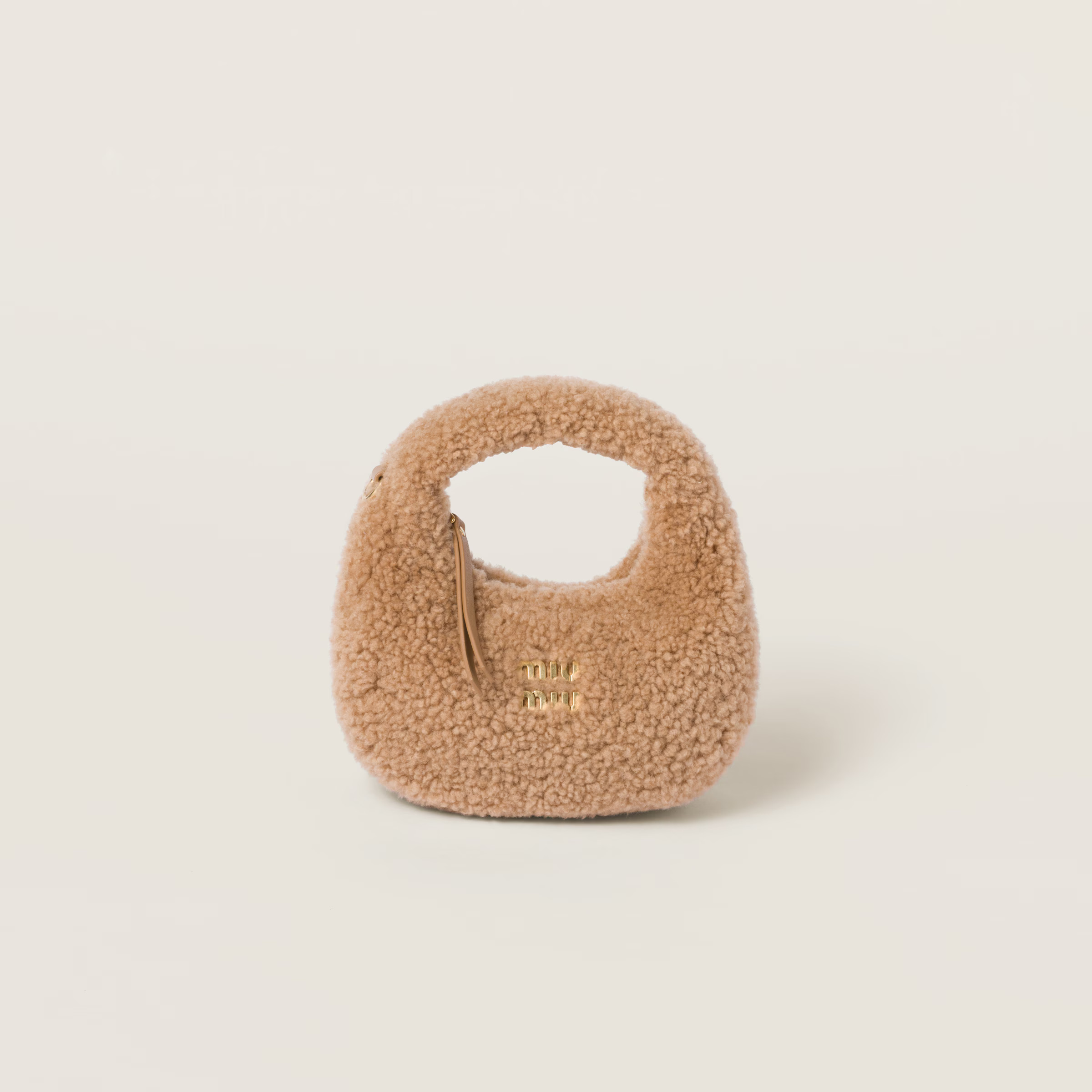 Caramel Wander Shearling Hobo Bag With Leather Details | Miu Miu | Miu Miu US
