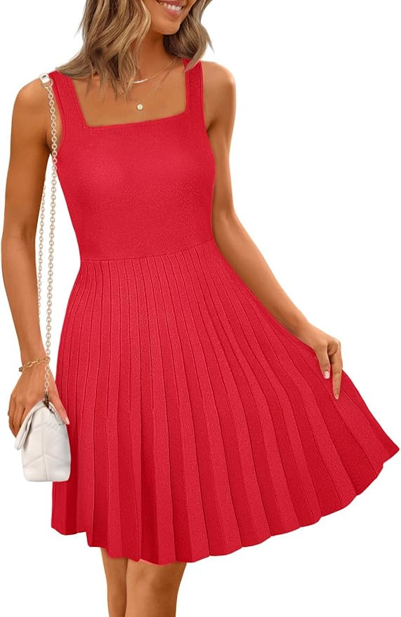 MEROKEETY Women's Summer Strap Square Neck Mini Dress Sleeveless Pleated A Line Swing Sweater Dre... | Amazon (US)