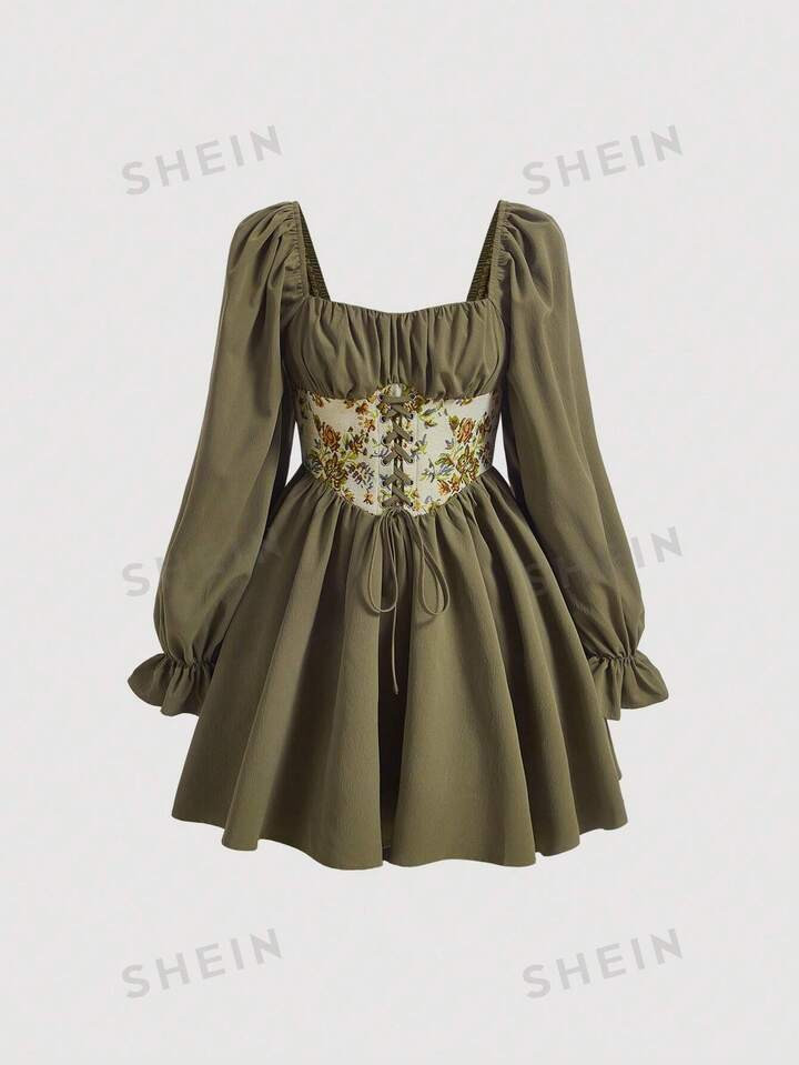 SHEIN MOD Floral Print Lace Up Front Flare Sleeve Dress | SHEIN