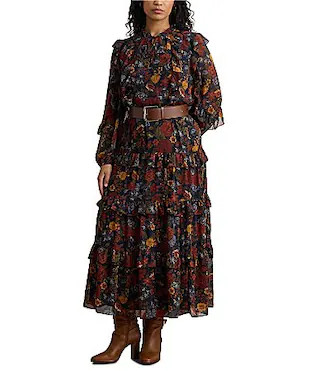 Lauren Ralph Lauren Plus Size Crinkle Georgette Floral Tiered Dress - 14W | Dillard's