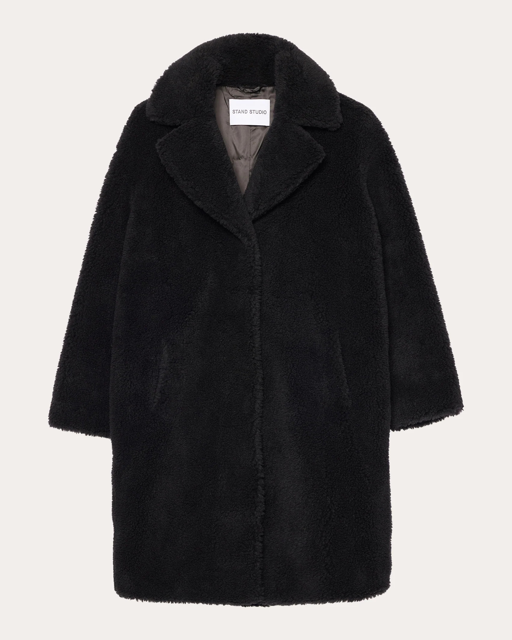 Stand Studio Women's Camille Faux Fur Cocoon Coat in Black Wool/Polyester/Acrylic | Olivela