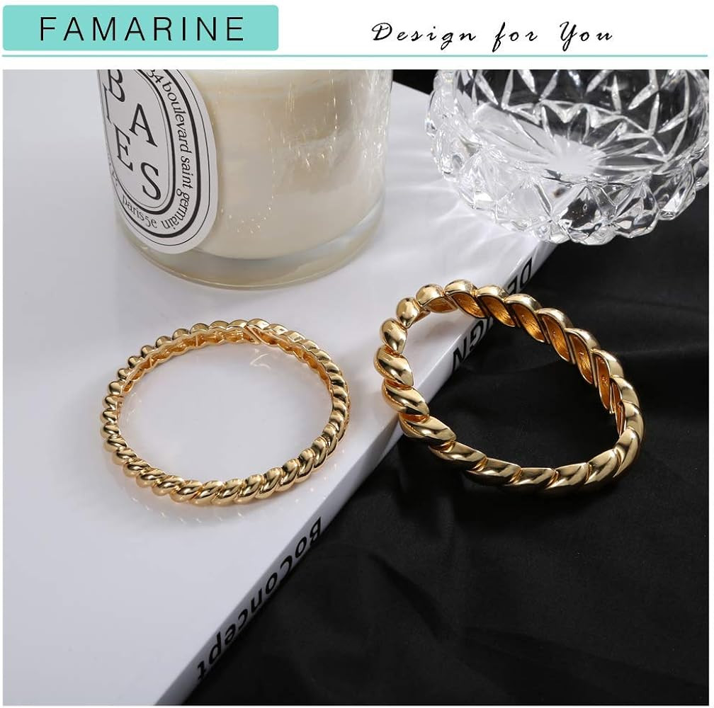 FAMARINE Twisted Thin or Chunky Bangle Bracelet in 14K Gold Plated, Stretchable Elastic Bracelet Cou | Amazon (US)