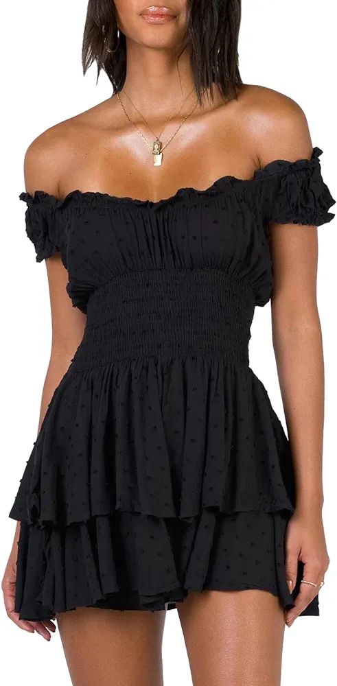 AOHITE Womens Summer Tube Top Dress Off-Shoulder Ruffled Flowy Mini Short Dresses | Amazon (US)