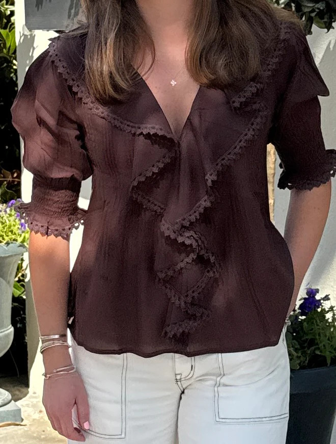 Amelia Ruffle Top Brown | Madison Mathews