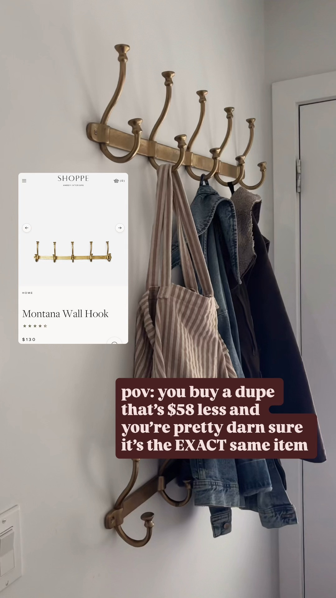 I spotted this gold wall hook and immediately had that “wait a second…” moment because it looked so familiar. It’s basically an Amber Interiors Montana Wall Hook dupe — same shape, same sculptural curve, and that elevated brass look that makes it feel designer. After a closer look, they honestly feel identical… except this one is $58 less. If you’ve been searching for an Amber Interiors wall hook dupe, modern organic wall hook, brass wall hook for an entryway, or aesthetic coat hooks that look high-end without the price tag, this is such a good find. Perfect for an entryway, mudroom, bathroom, or bedroom to hang bags, towels, or jackets while still keeping that clean, curated, designer look. You know I love a budget-friendly decor find, but these two could seriously be twins. 

 #LTKHome #LTKSaleAlert