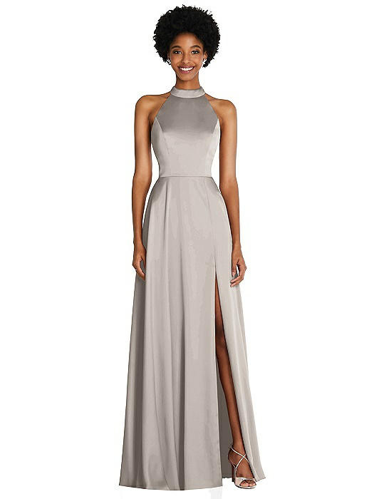 Stand Collar Cutout Tie Back Maxi Dress with Front Slit | The Dessy Group