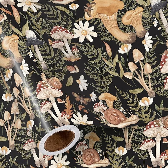 RUSPEPA Forest Mushroom Wrapping Paper Roll, Mini Roll, Woodland Squirrel and Snail Design, Black... | Amazon (US)