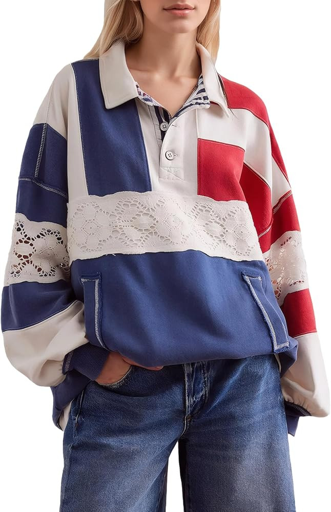 Kedera Women Oversized Sweatshirt Color Block Long Sleeve Polo Shirt Casual V-Neck Stripe Patchwo... | Amazon (US)