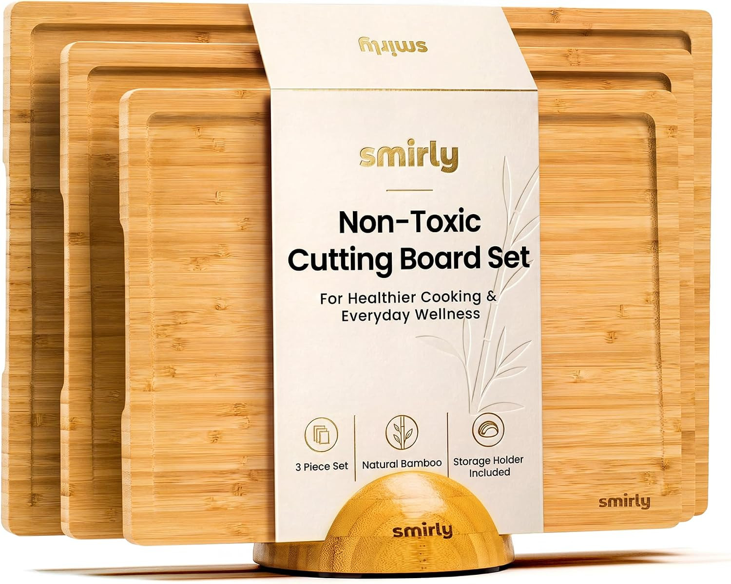 SMIRLY Cutting Boards for Kitchen, 3 Piece Bamboo Cutting Board with Stand | Amazon (US)