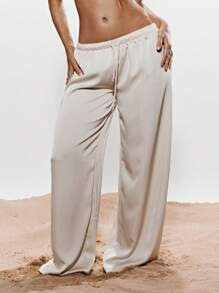 KIZN Luxurious Wide Leg Palazzo Pants Satin Loungewear Drawstring Waist Elegant Flow Summer Sprin... | SHEIN