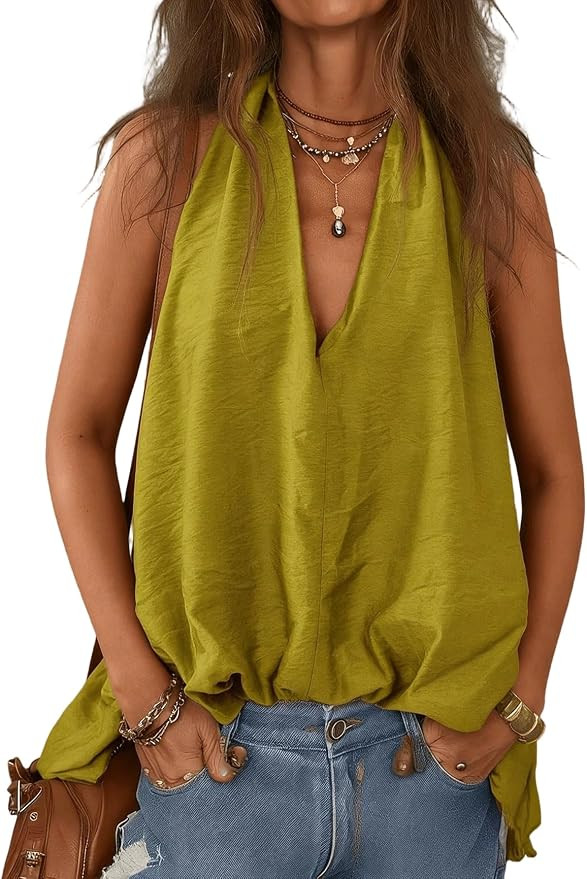 Apvirdy Women's Summer Halter V Neck Backless Tank Tops Open Back Sleeveless Loose Fit Blouses Ca... | Amazon (US)