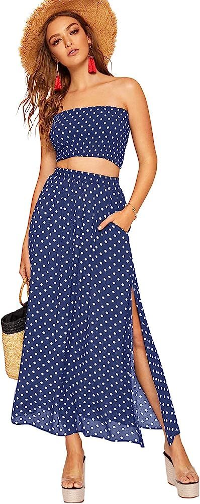 Floerns Women's Summer Printed 2 Piece Outfit Crop Tube Tops and Split Long Skirt Set | Amazon (US)