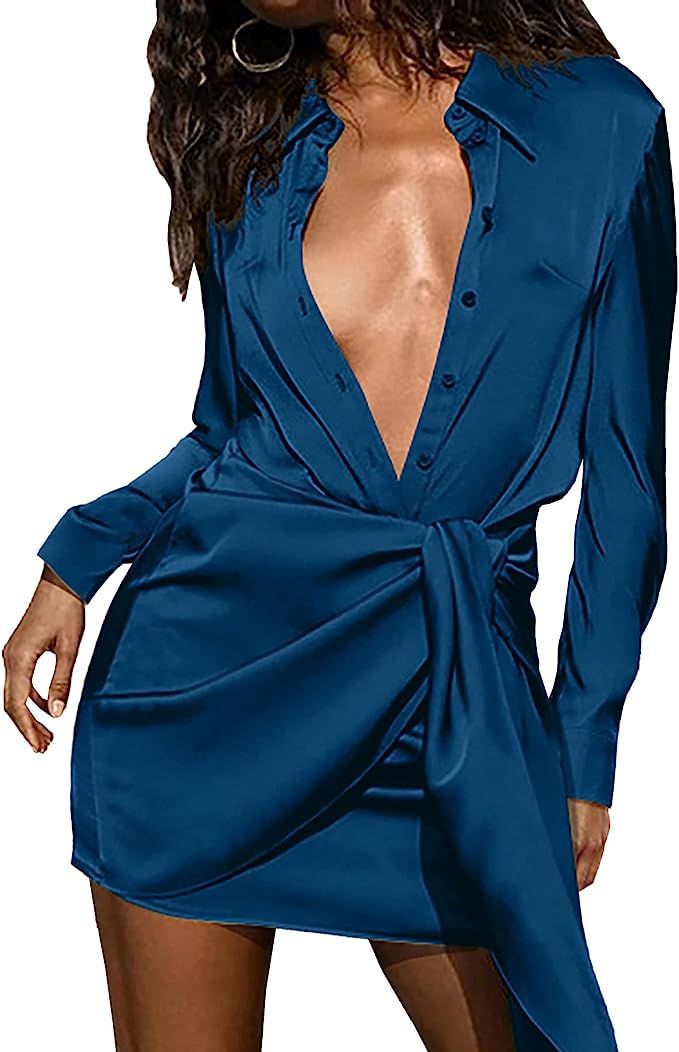 BTFBM Women Button Down Shirts Dresses Satin Long Sleeve Lapel V Neck Elastic Waist Self Tie Knot... | Amazon (US)