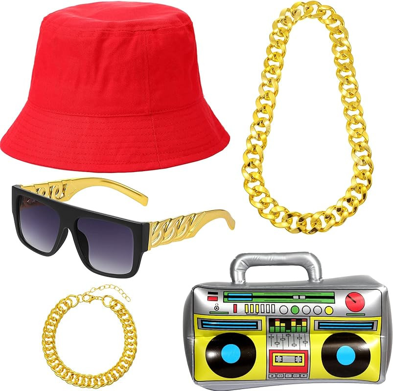 5 Pcs 80/90s Hip Hop Costume Rapper Outfits Bucket Hat Chain Bracelet Sunglasses Boom Box for Hallow | Amazon (US)
