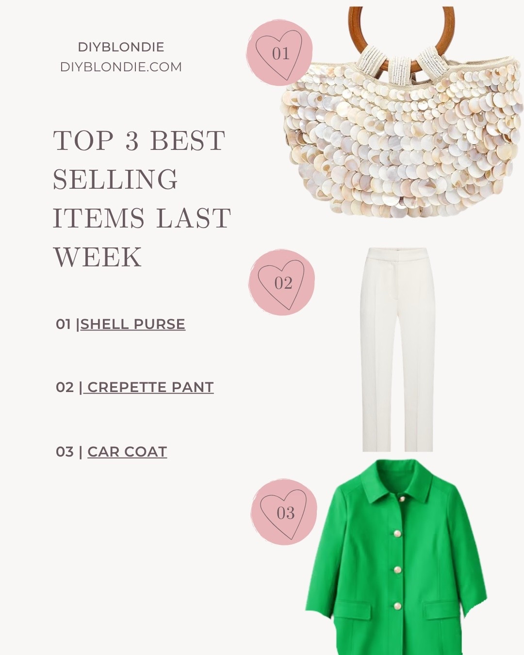 Top sellers from last week and y’all clearly have GOOD taste 🤍✨

This shell purse is the prettiest statement piece for spring + summer (it instantly elevates any outfit), these crepe pants are that perfect tailored staple you can dress up or down, and the green car coat… OBSESSED. Such a fun pop of color and so chic layered over neutrals 💚

These are all pieces you’ll reach for over and over again—and clearly everyone else is loving them too!

Tap to shop before they sell out 💫