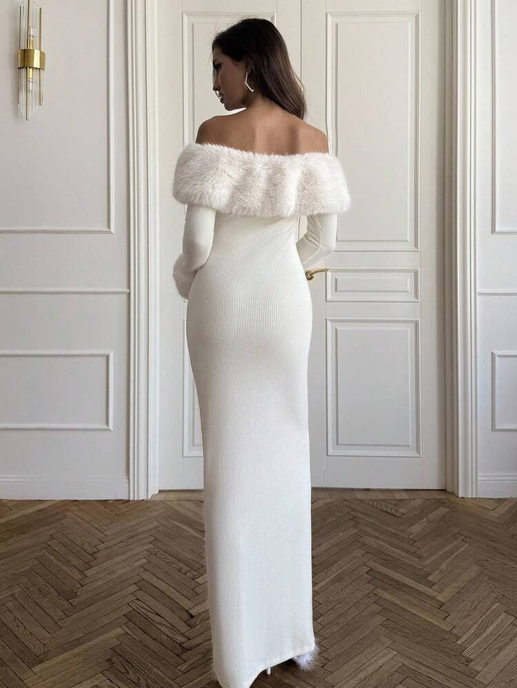 SHEIN BAE Apricot Off Shoulder Fuzzy Bodycon Long Sleeve Sweater Dress, Thermal Lined Thick Autum... | SHEIN