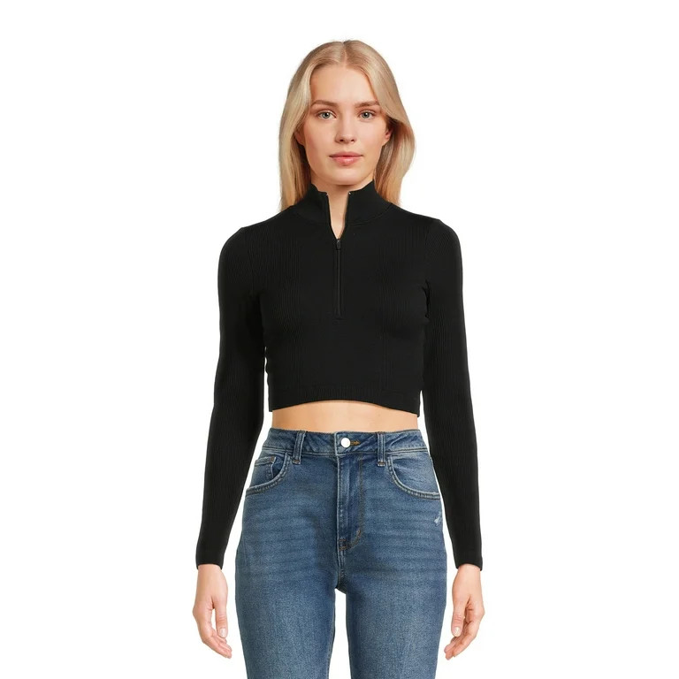 No Boundaries Juniors' Seamless Half Zip Crop Top with Long Sleeves | Walmart (US)