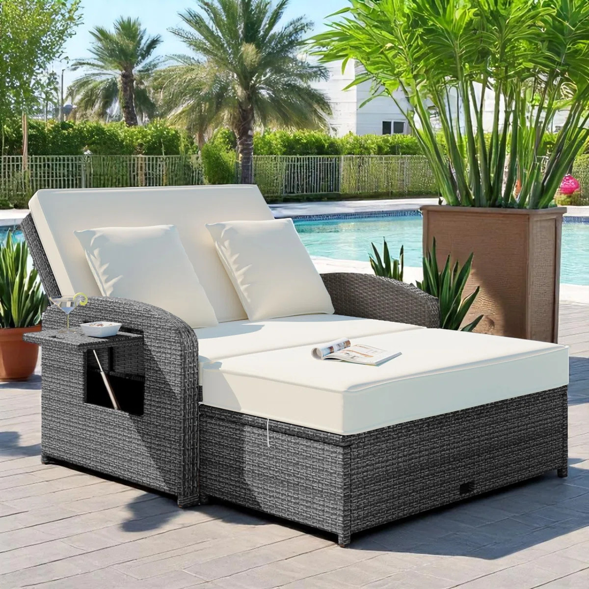 Rober Wicker Rattan Double Chaise Lounge, 2-Person Reclining Daybed with Adjustable Back and Cush... | Wayfair North America