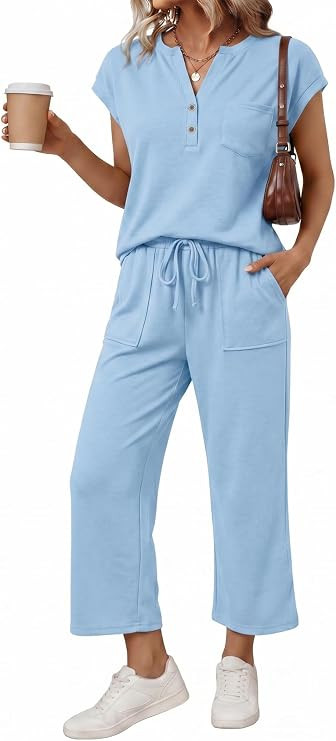 2 Piece Lounge Sets for Women 2026 Spring Matching Sets Henley Top Wide Leg Crop Pants Casual Vac... | Amazon (US)