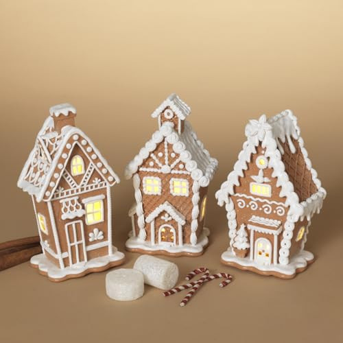 One Holiday Way Set of 3 7-Inch Lighted Brown & White Gingerbread Houses - Decorative Light Up Faux Candy Christmas Village House Tabletop Decoration Xmas Home Decor | Amazon (US)
