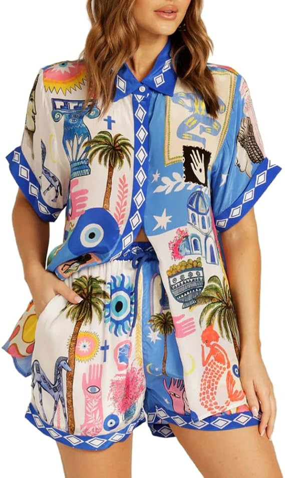 Women's Summer 2 Piece Shorts Set Button Down Short Sleeve Shirt Drawstring Shorts Beach Casual T... | Amazon (US)