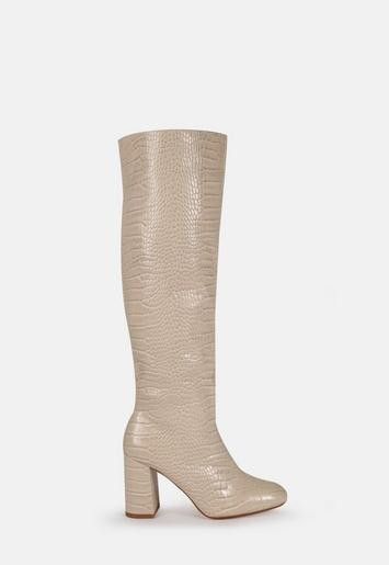 Cream Block Heel Knee High Boots | Missguided (US & CA)