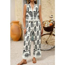 Tapework Lace Paisley Printed Sleeveless Top and Pants Set in White | Chicwish
