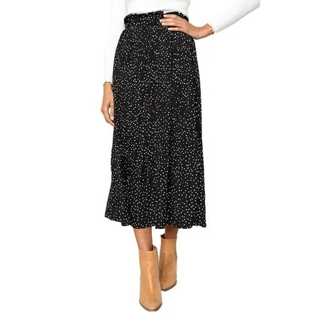 Womens High Waist Polka Dot Pleated Skirt, Midi Swing Skirt with Pockets,Summer Boho Halter Skirt, Black, Medium Size | Walmart (US)
