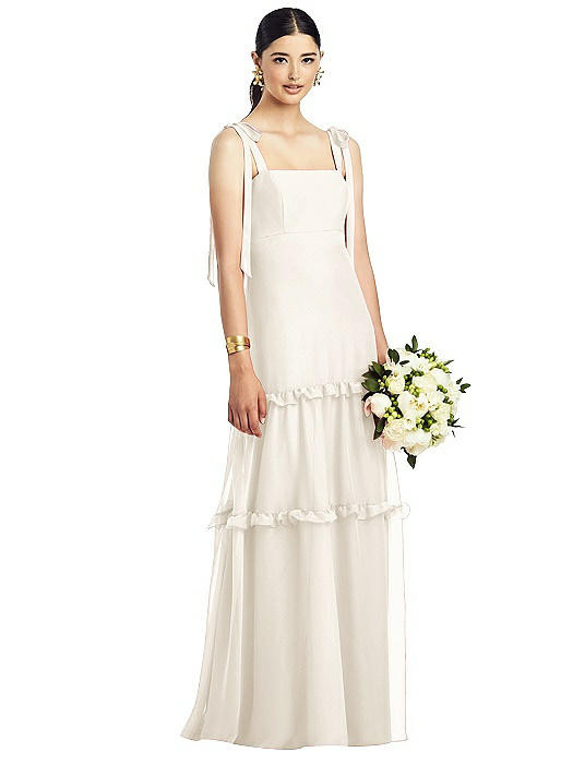 Bowed Tie-Shoulder Chiffon Dress with Tiered Ruffle Skirt | The Dessy Group